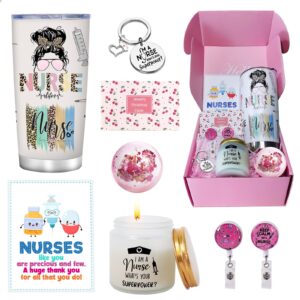 ayge nurse gifts for women, nurses week gifts 2024- thoughtful nurse appreciation gift set - includes stainless steel tumbler, candle, keyring, bath bomb, badge holder reel, and greeting card