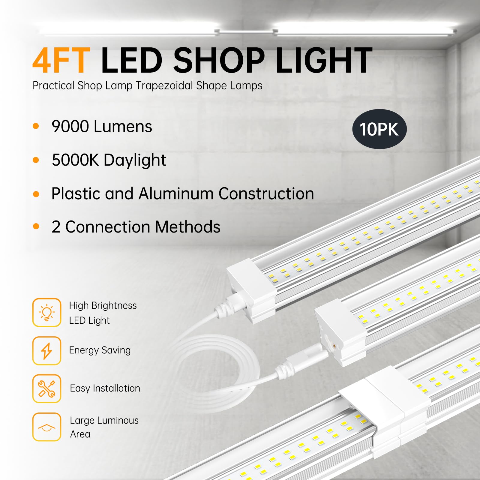 ONLYLUX LED Shop Light 4FT 60W, 5000K Daylight White 9000LM, Linkable Ceiling Light for Garage, 48" T8 LED Tube Light, Hight Output,Pack of 10