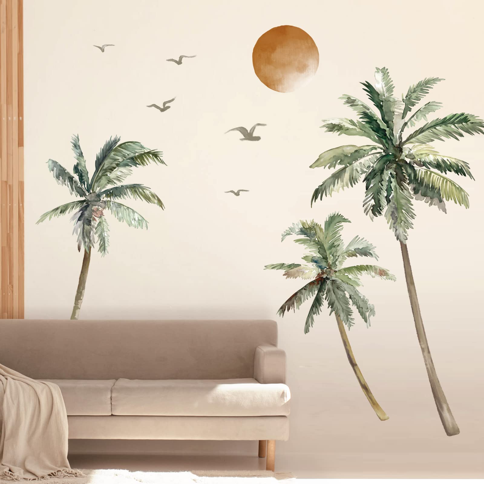 wondever Boho Palm Tree Wall Stickers Large Tropical Tree Sunset Peel and Stick Wall Art Decals for Living Room Bedroom TV Background (H: 63.8 inch)