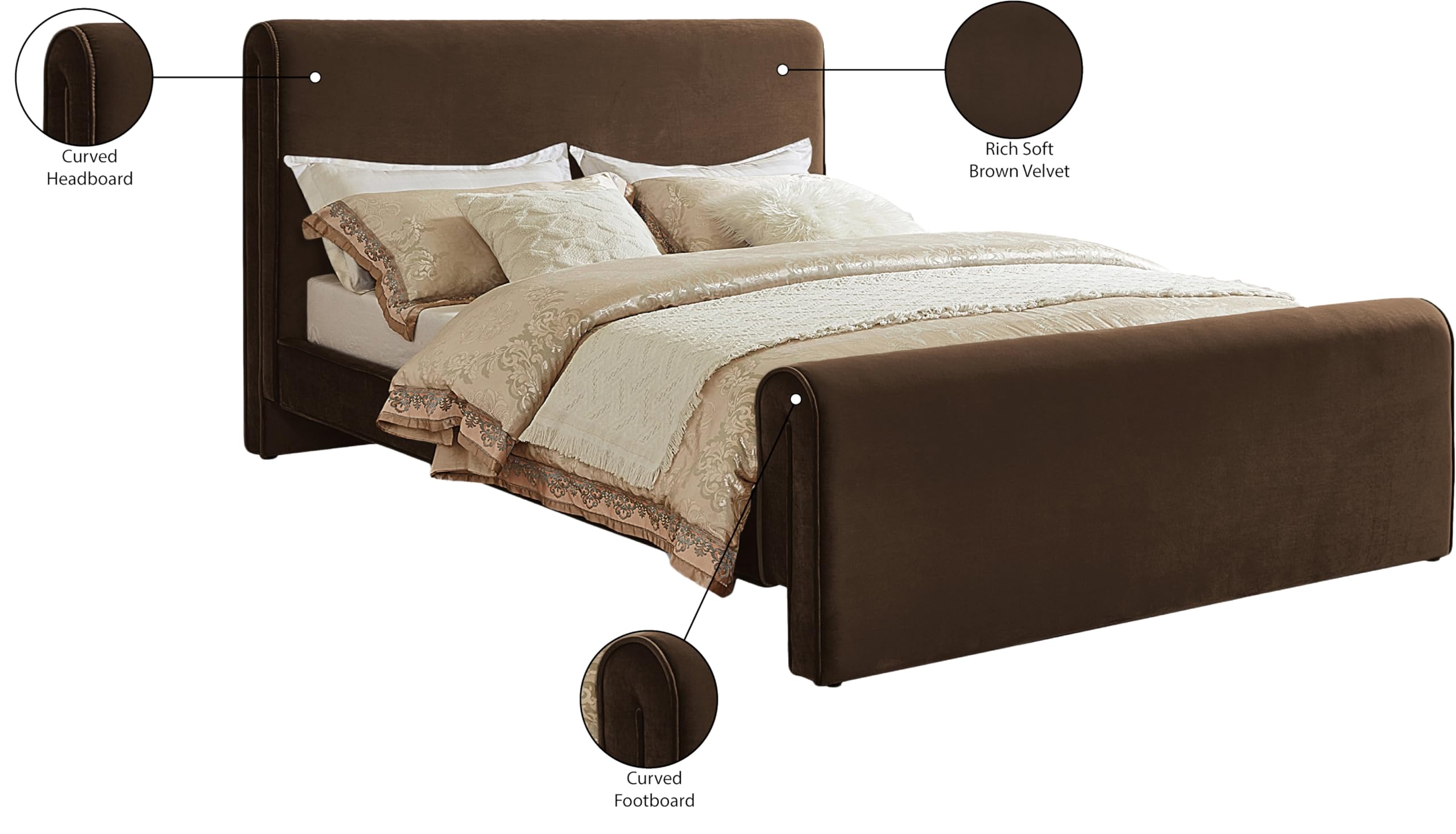 Meridian Furniture SloanBrown-F Sloan Collection Modern | Contemporary Velvet Upholstered Full Bed with Rich Soft Brown Velvet, Curved Headboard and Footboard, 59.5" W x 92" D x 45" H, Brown, Full