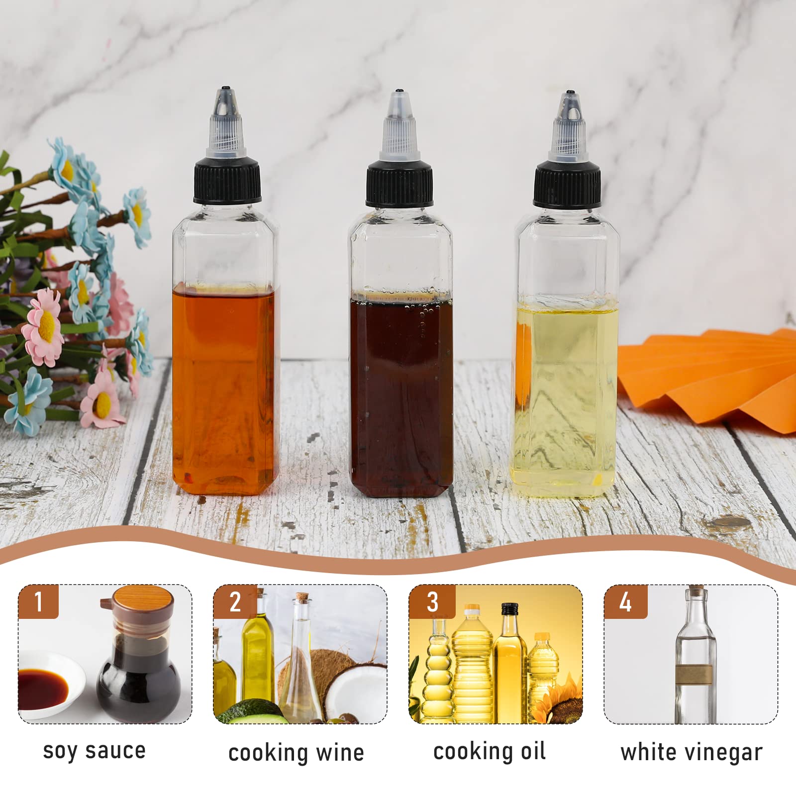 Sliverdew 4 Pcs Oil Squeeze Bottles 3.4 OZ Empty Bottles with Twist Top Cap Plastic Liquid Condiment Container Leak-Proof Dispensing Bottles for Oil Soy Sauce Vinegar Syrup Ketchup