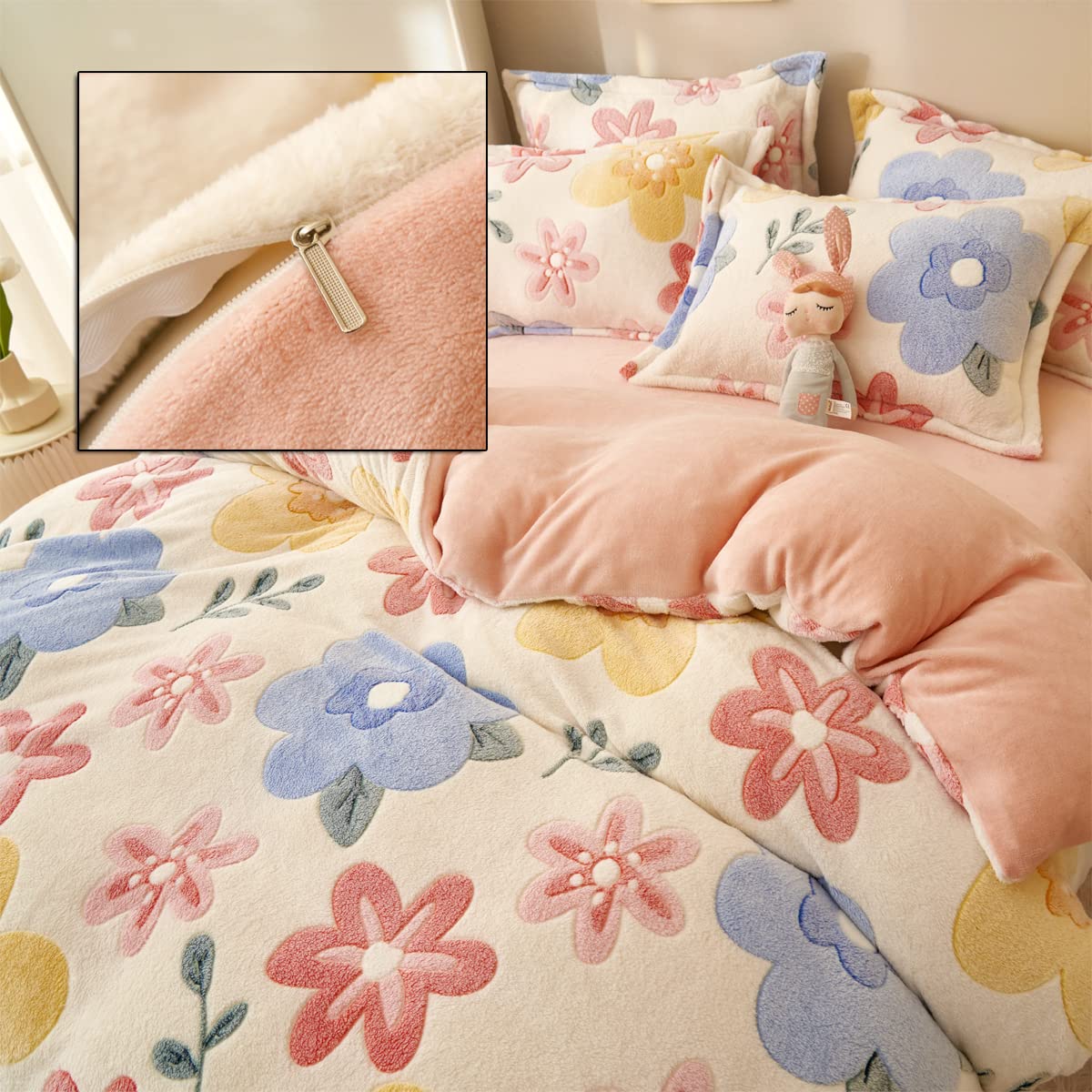 LMONMOO Pink Duvet Cover Twin, Fluffy Comforter Cover Set, Kawaii Bedding Sets for Girl Ultra Soft Cute Floral Bed Set for Kids (Flower, Twin)