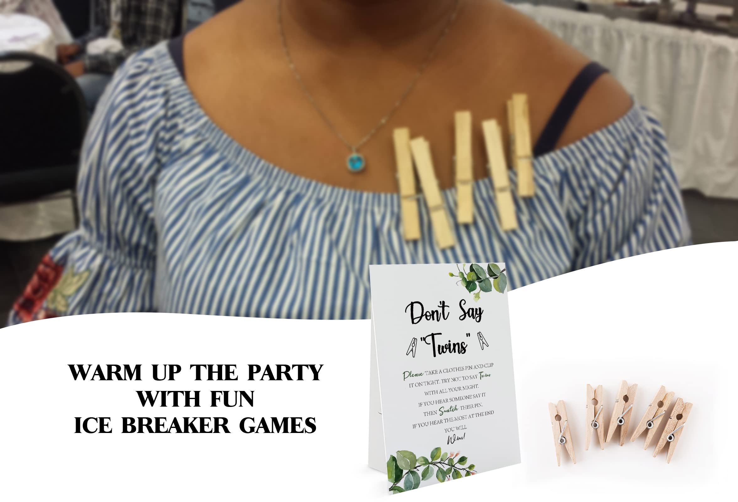 Greenery Don't Say Twins Game （1 Sign and 50 Mini Natural Clothespins） Don't Say Baby Baby Shower Game, Baby Shower Decorations, Baby Shower Games Gender Neutral, Green Leaves Baby Shower (DS21)