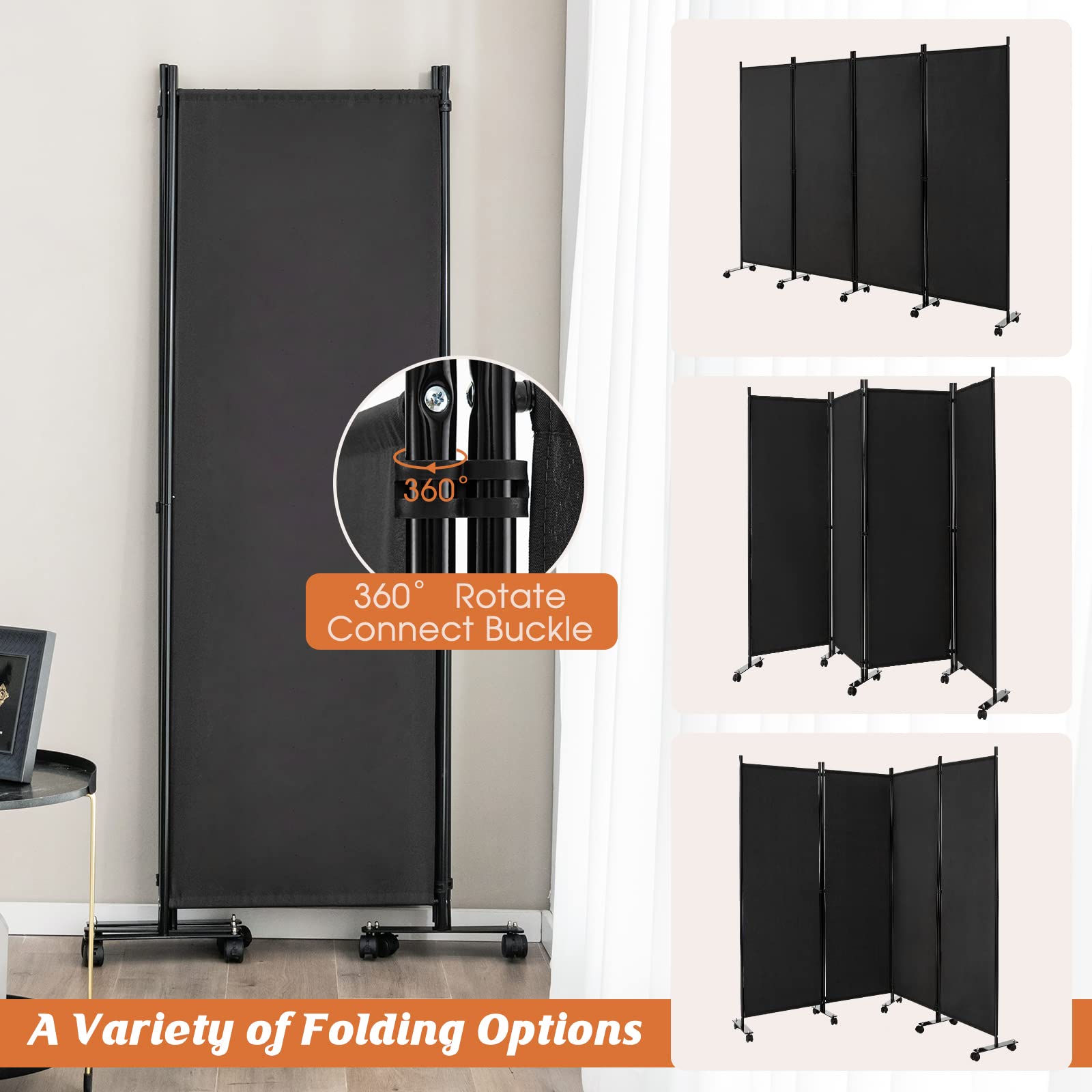 GOFLAME 4 Panel Folding Room Divider, 6FT Rolling Privacy Screen with Lockable Wheels, Portable Room Partition Screen, Freestanding Wall Divider and Separator for Home Office, Black