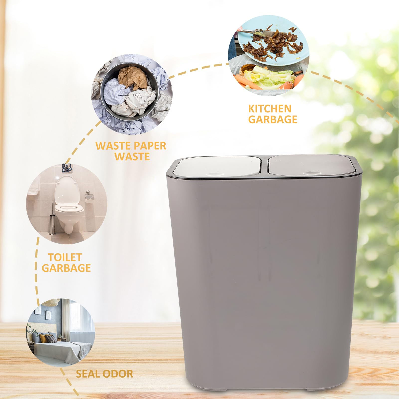 Cabilock Recycling Bin Dual Compartment Trash Can Wet and Dry Classified Waste Bin Wastebasket Classified Garbage Container Waste Can Dustbin Rubbish Box with Lid for Home Kitchen Grey Garbage Bin