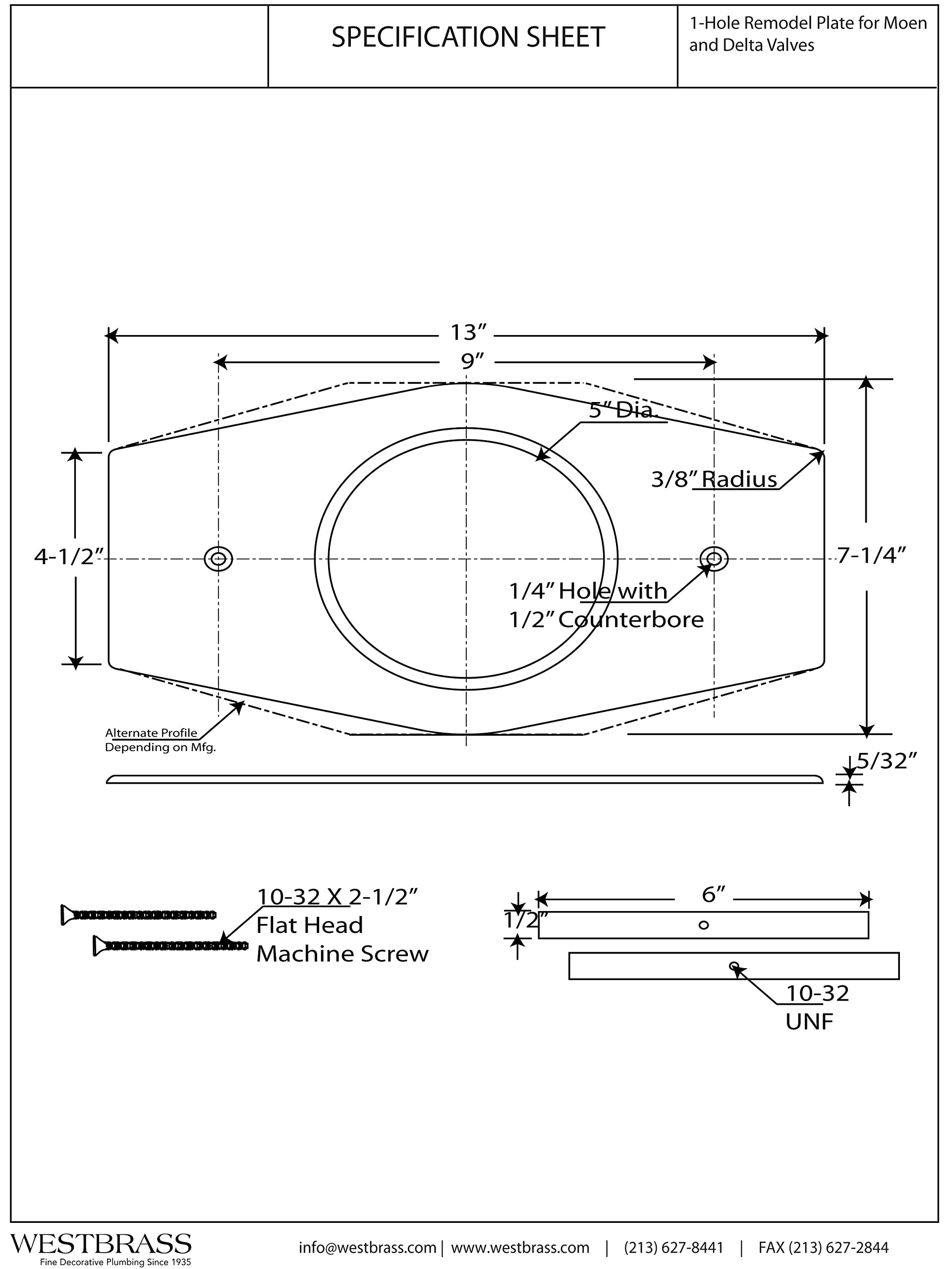 Westbrass A502-26 One-Hole Remodel Cover Plate for Moen and Delta Bathtub and Shower Valves, 1-Pack, Polished Chrome