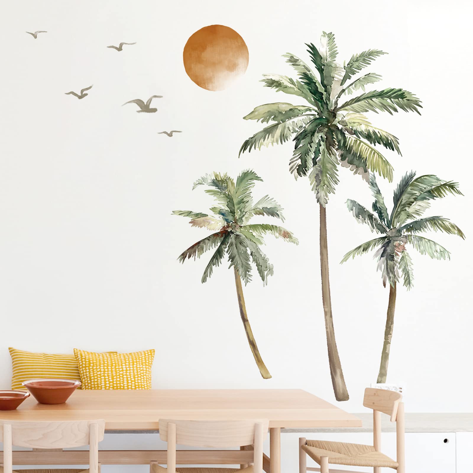 wondever Boho Palm Tree Wall Stickers Large Tropical Tree Sunset Peel and Stick Wall Art Decals for Living Room Bedroom TV Background (H: 63.8 inch)