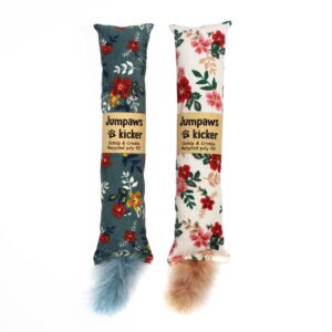 jumpaws 2 pack natural interactive catnip & silvervine cat kicker with feathers, bite resistant chew toy, crinkle kicker, accessories for indoor cat, premium corduroy floral