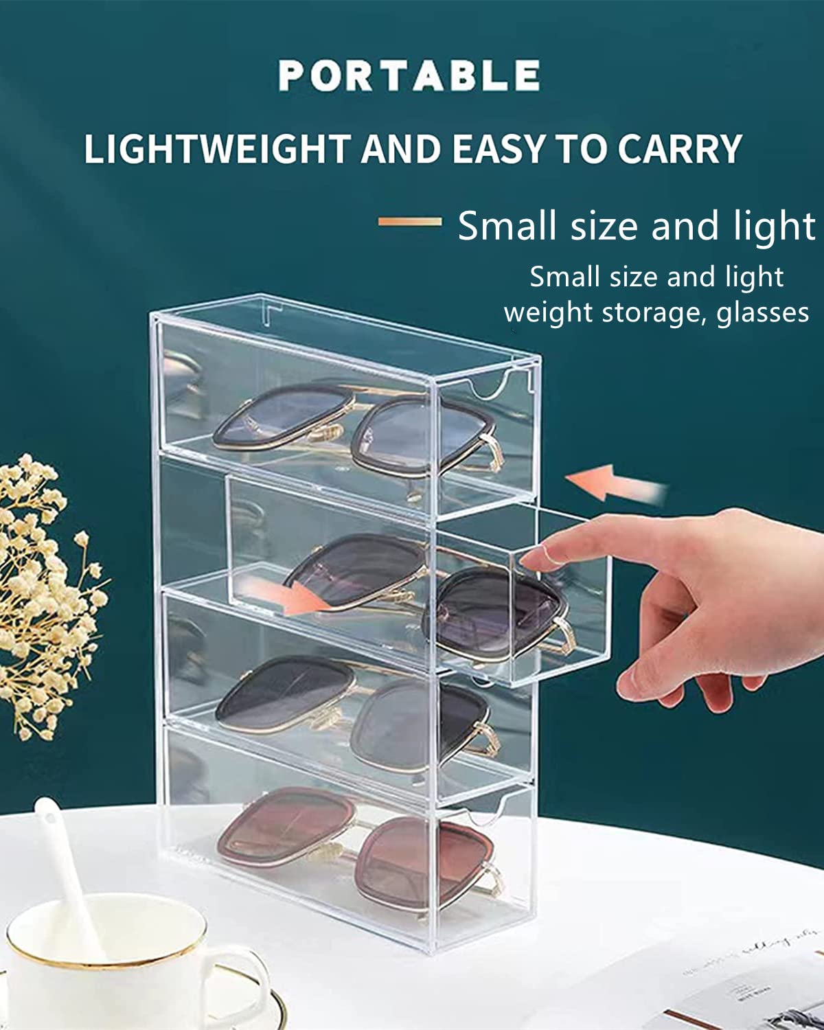 4 Drawers Acrylic Stackable Sunglasses Organizer, Clear Glasses Case Storage Organizer, Dust Proof & Waterproof Acrylic Drawers Sunglasses Storage Organizer for Dresser, Bedroom, Desk