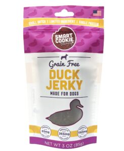 smart cookie duck jerky dog treats with flax seed, omega oils- hypoallergenic strips for dogs and puppies with allergies, sensitive stomachs - dehydrated, grain free, made in usa - 3oz bag, pack of 1