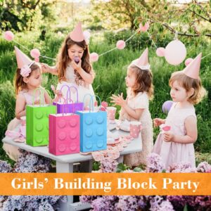 Perkoop 24 Pieces Building Block Party Favor Bags, Bricks Candy Treat Paper Bags, Party Gift Goodie Bags with Handle for Girls Building Block Birthday Party Baby Shower Decoration Supplies