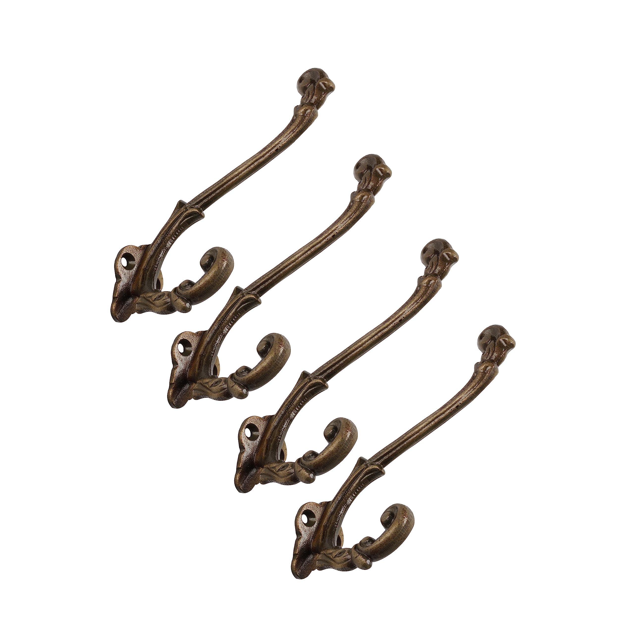 CRAFTSMAN ROAD Vintage Cast Iron Wall Hooks (Antique Brass Finish, Set of 4) - Rustic, Farmhouse, French Country Coat Hooks | Great for Coats, Bags, Towels, Hats | French Slender