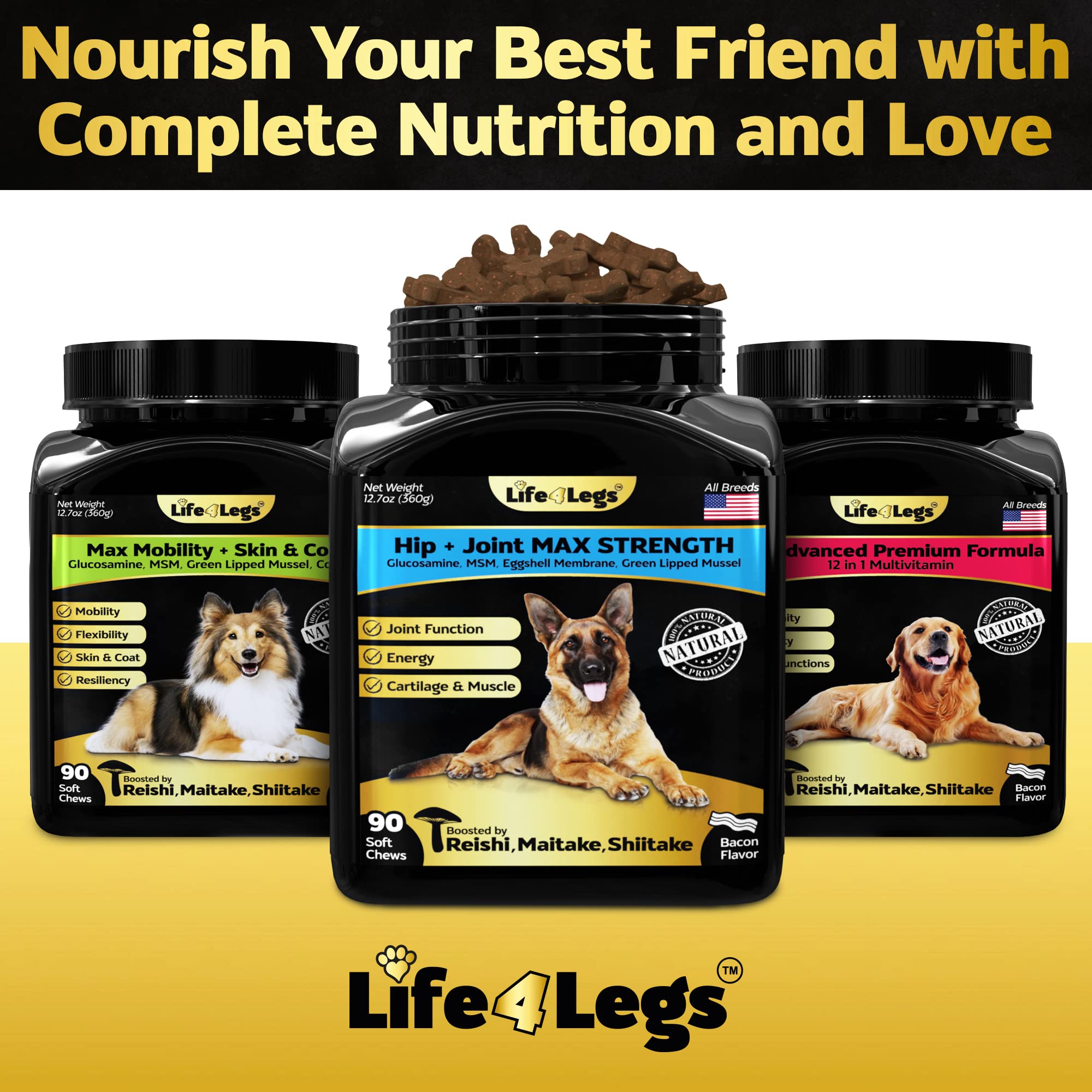 Life4Legs - Soft Chews Hip and Joint Supplement for Dogs - Dog Joint Pain Relief Treats - Glucosamine, Chondroitin, Turmeric - Mobility Bites Supplement