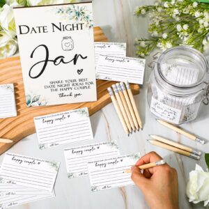 Geelin 114 Pcs Bridal Shower Games Include Date Night Jar Wooden Sign 100 Cards 10 HB Pencils 2 Stickers for Wedding Reception Games Date Idea Newlyweds Bridal Shower Party Favors(Greenery)