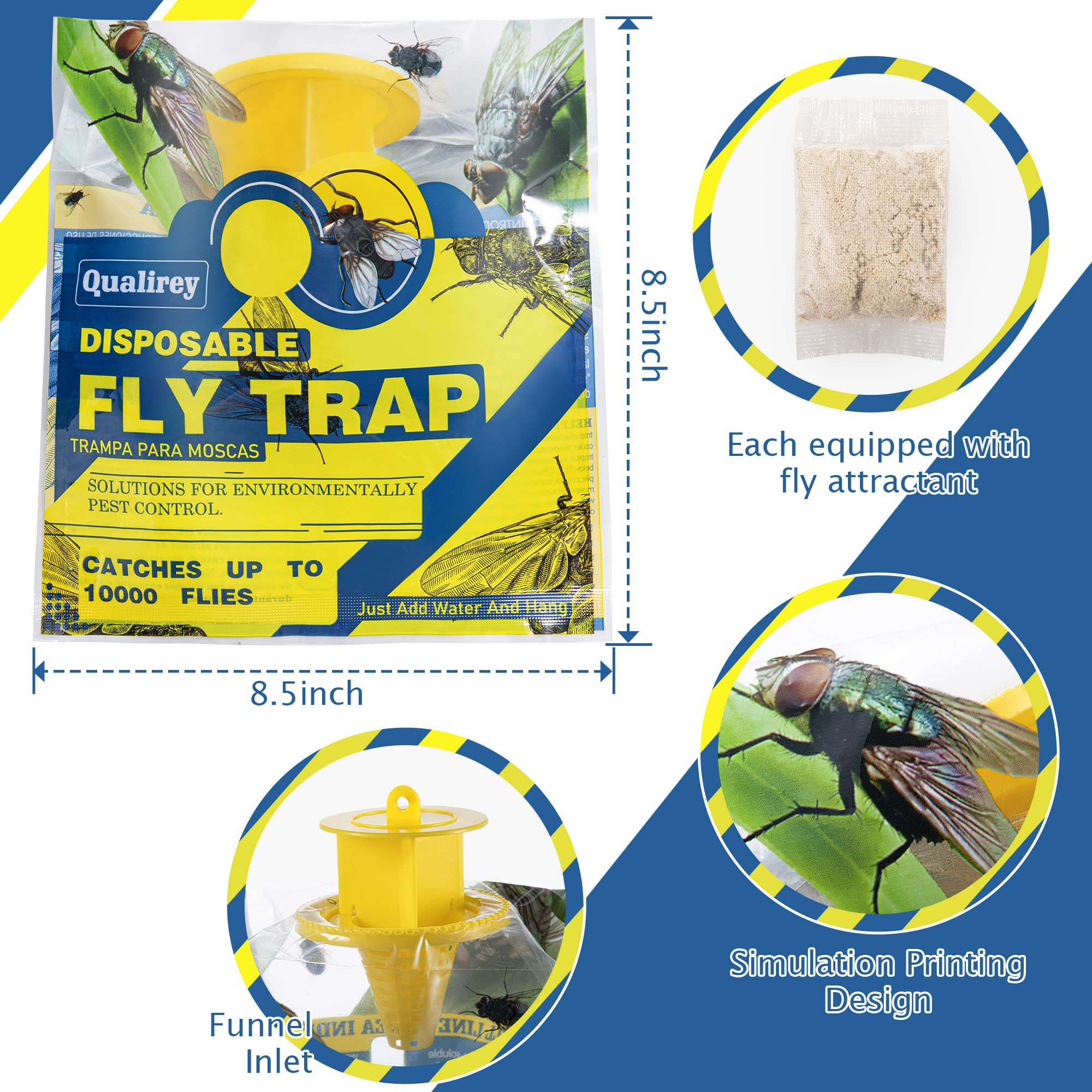 Qualirey 4 Pack Fly Traps Outdoor Hanging, Disposable Fly Killer Trap Bag Catcher for Outside Farms, Pastures, Chicken Coops, Stables, Barns, Horse, Garbage Cans, Garbage Ponds, Yard, Backyard, Patio