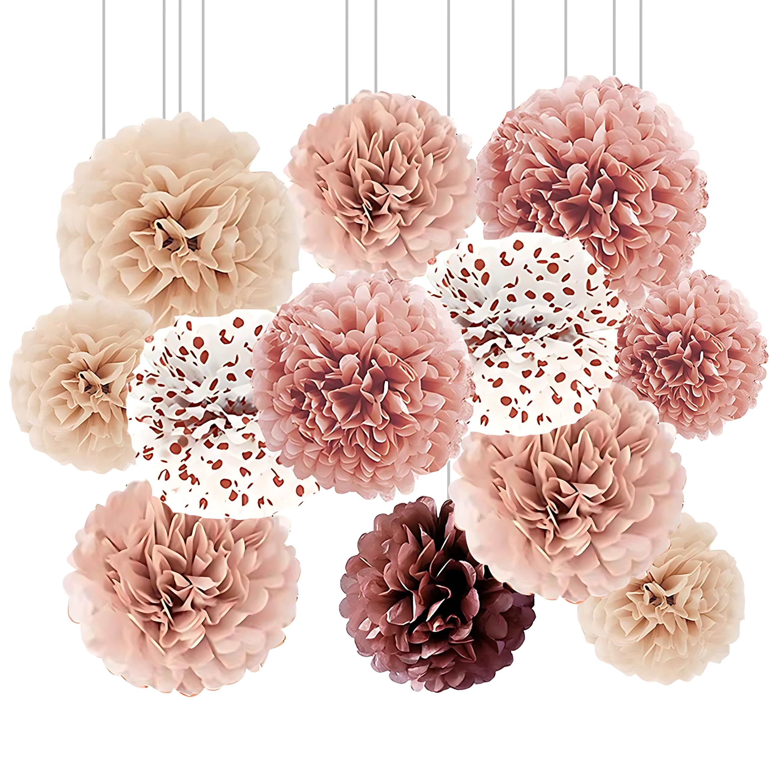 XIKSXITN 12 pc Rose Gold Gradient Tissue Paper Pom poms-Hanging Gold Dot White Paper Pom Poms Paper Flowers Ball for Party Decorative(8&10&12 inch)