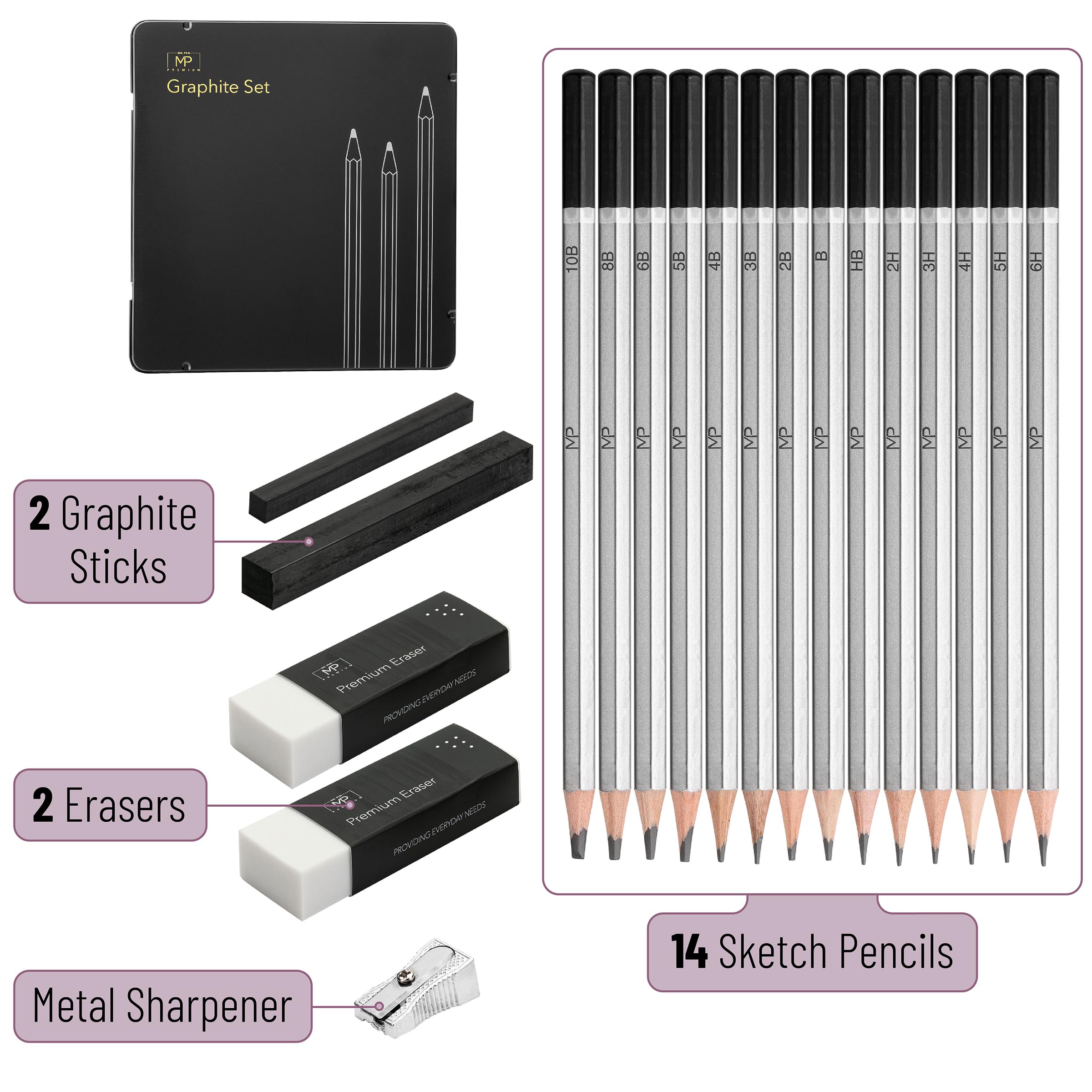 Mr. Pen- Sketch Pencils for Drawing, 19 pcs, Drawing Pencils for Sketching with Graphite Sticks, Erasers and Sharpener, Sketching Pencils, Art Pencils for Sketching, Graphite Pencils,Christmas Gift