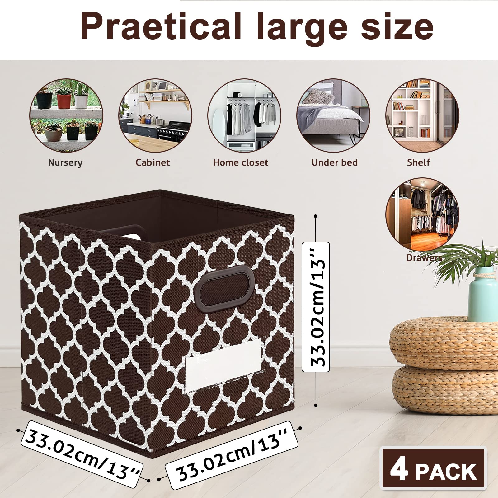 homyfort Cube Storage Organizer Bins 13x13 - Fabric Storage Cubes Foldable Baskets Square Box with Labels and Dual Sturdy Handles for Shelf, Nursery, Cabinet, Clothes, Toys, Set of 4 (Brown)