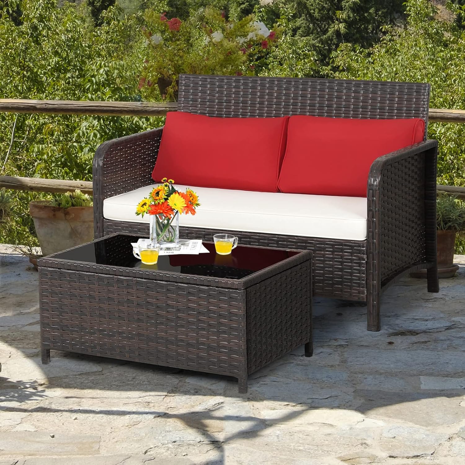 RELAX4LIFE 2-Piece Wicker Outdoor Loveseat, Patio Furniture Set w/Love Seat, Glass-Top Coffee Table & Cushions, 2-Seater Conversation Sofa Couch for Balcony Porch, Rattan Patio Loveseat with Table