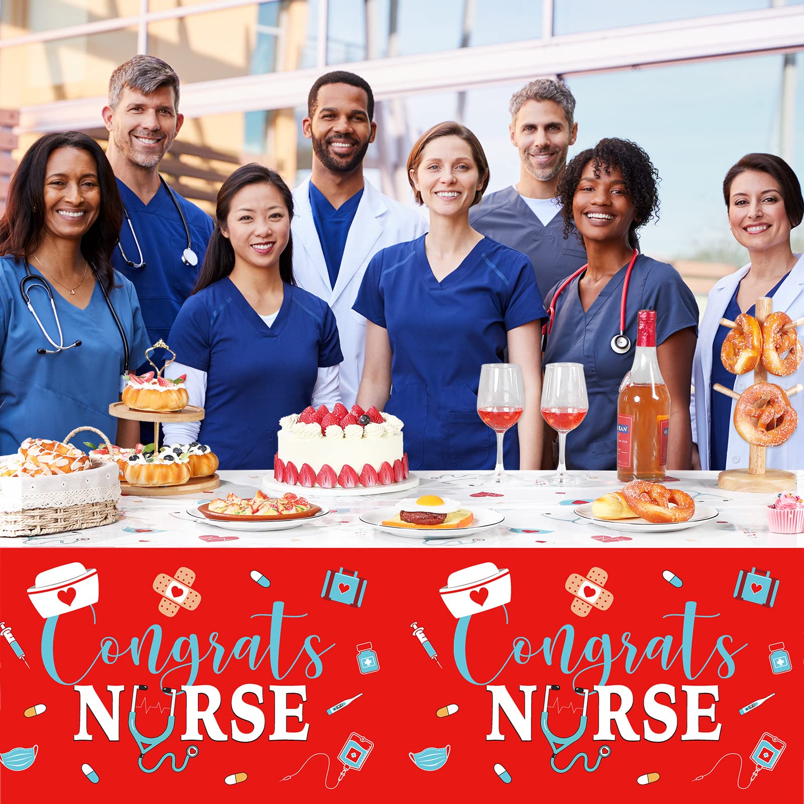 Moukeren 3 Pieces Nurse Graduation Tablecloth Nurse Graduation Party Supplies Nurse Plastic Congrats Table Covers Red White Nurse Graduation Table Cloth for Nurse Graduation Party Decor 54 x 108 Inch