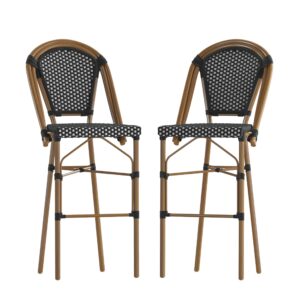 BizChair Set of 2 Stackable Indoor/Outdoor Bistro 30" High Barstools, Commercial Grade, Black/White and Bamboo Finish