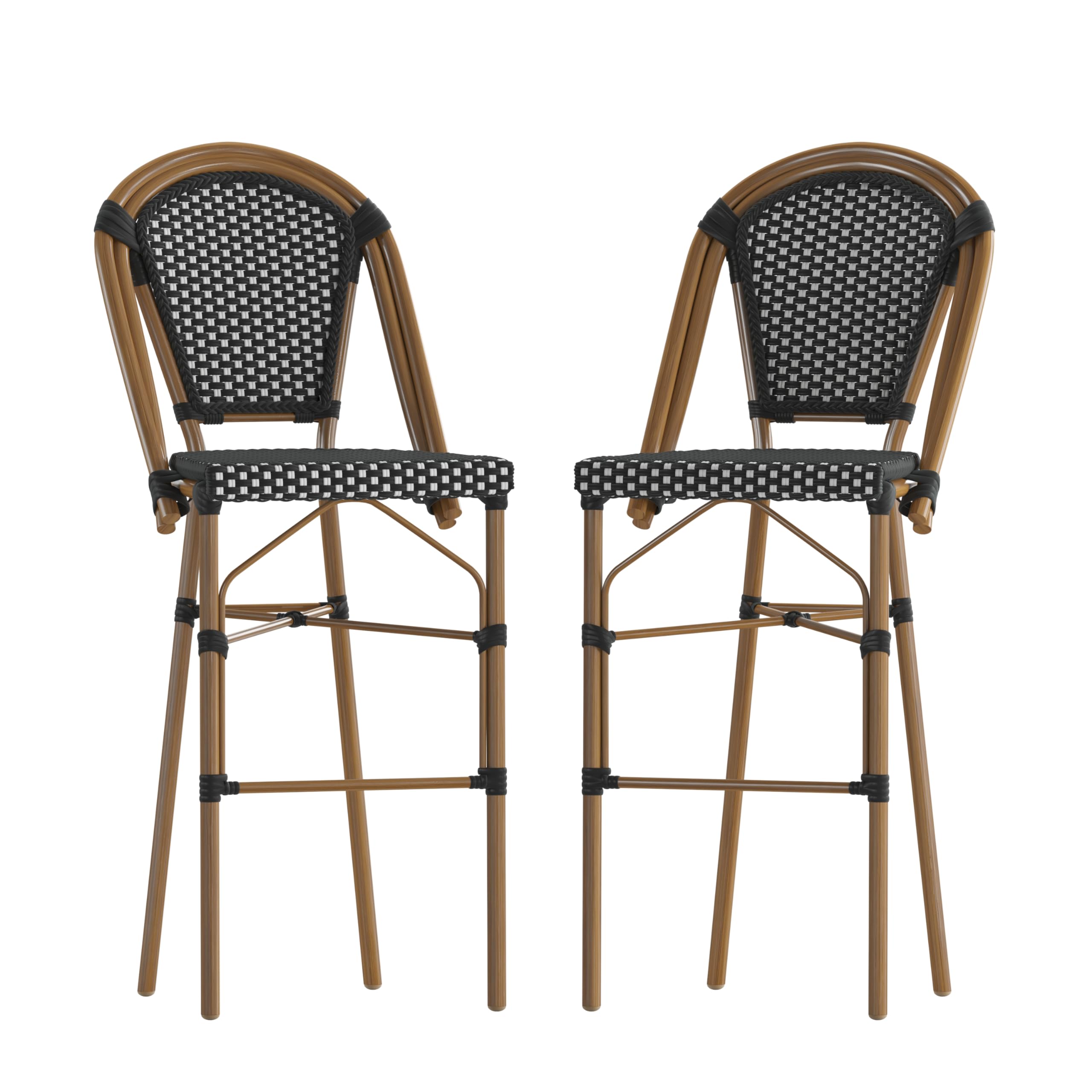 BizChair Set of 2 Stackable Indoor/Outdoor Bistro 30" High Barstools, Commercial Grade, Black/White and Bamboo Finish