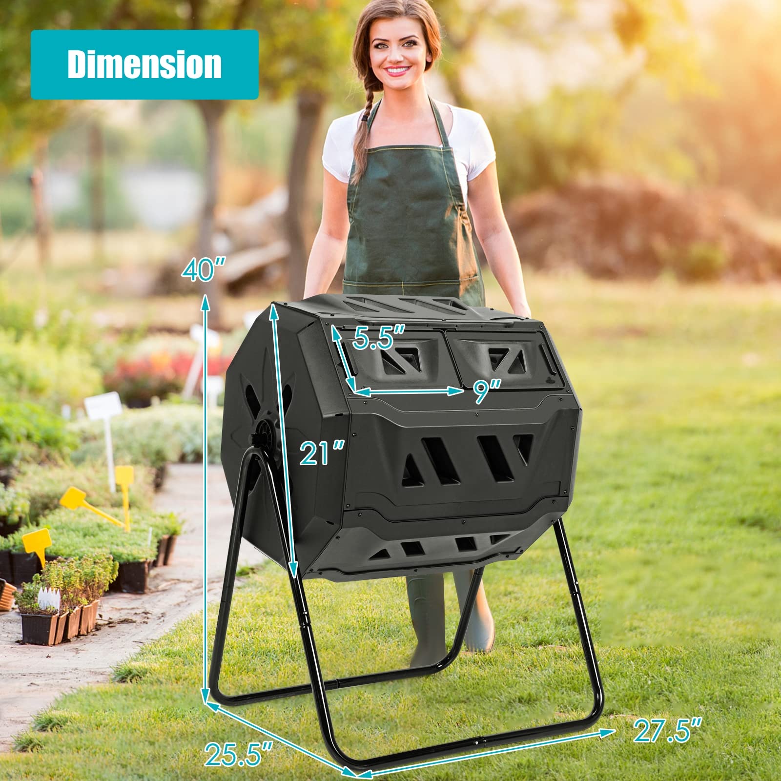 COOURIGHT 43 Gallon (163L) Composting Tumbler, Dual Chamber Rotating Compost Bin w/Sliding Doors & Stable Metal Frame, 360° Rotation, Outdoor Tumbling Composter w/Operation Gloves for Garden, Yard