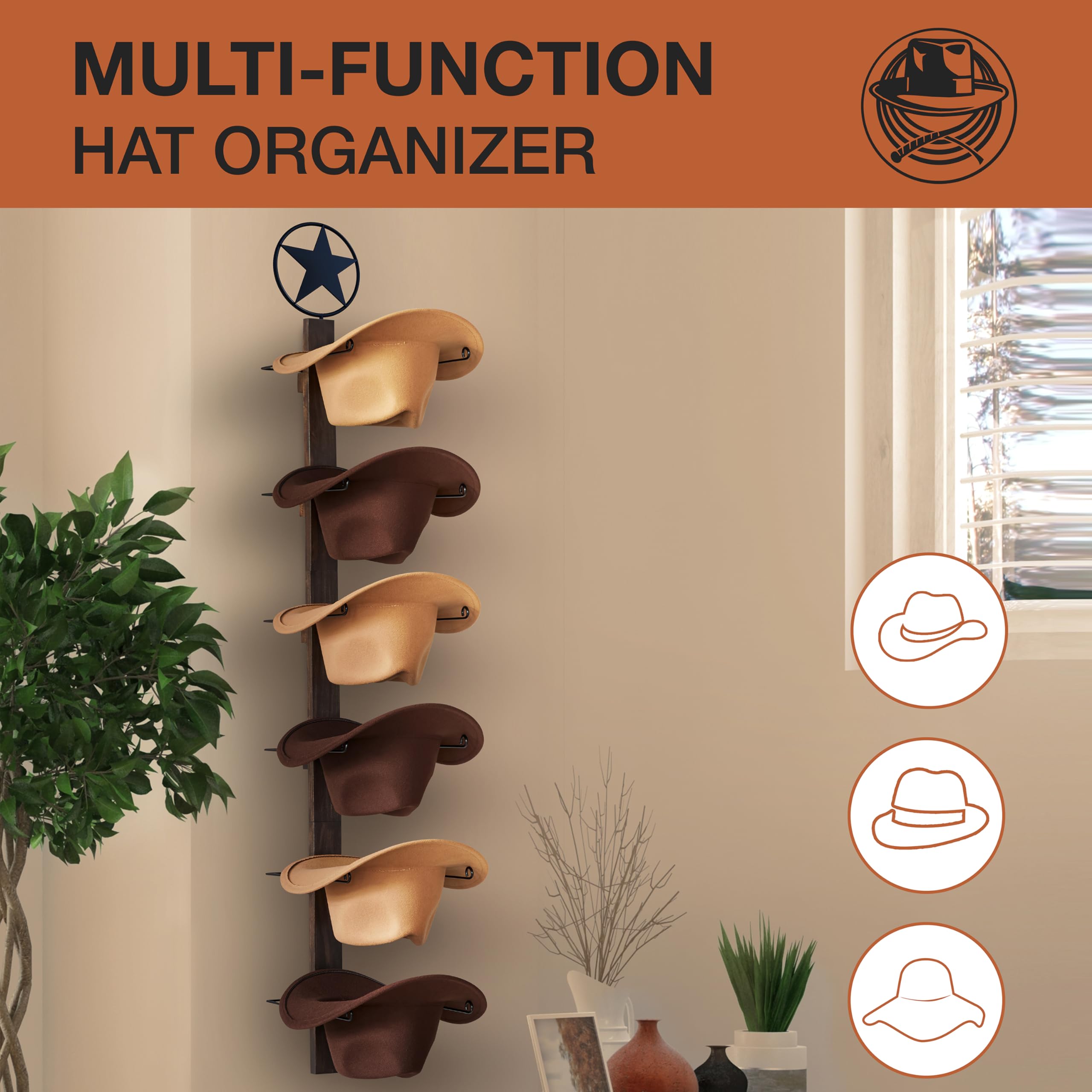 P-ALADIN Cowboy Hat Rack, Cowboy Hat Holder, 6 Pieces Western Hat Rack For Wall with Natural Wooden Board, Cowboy Hat Hanger for Wall Décor Keeps Original Shape of Hat