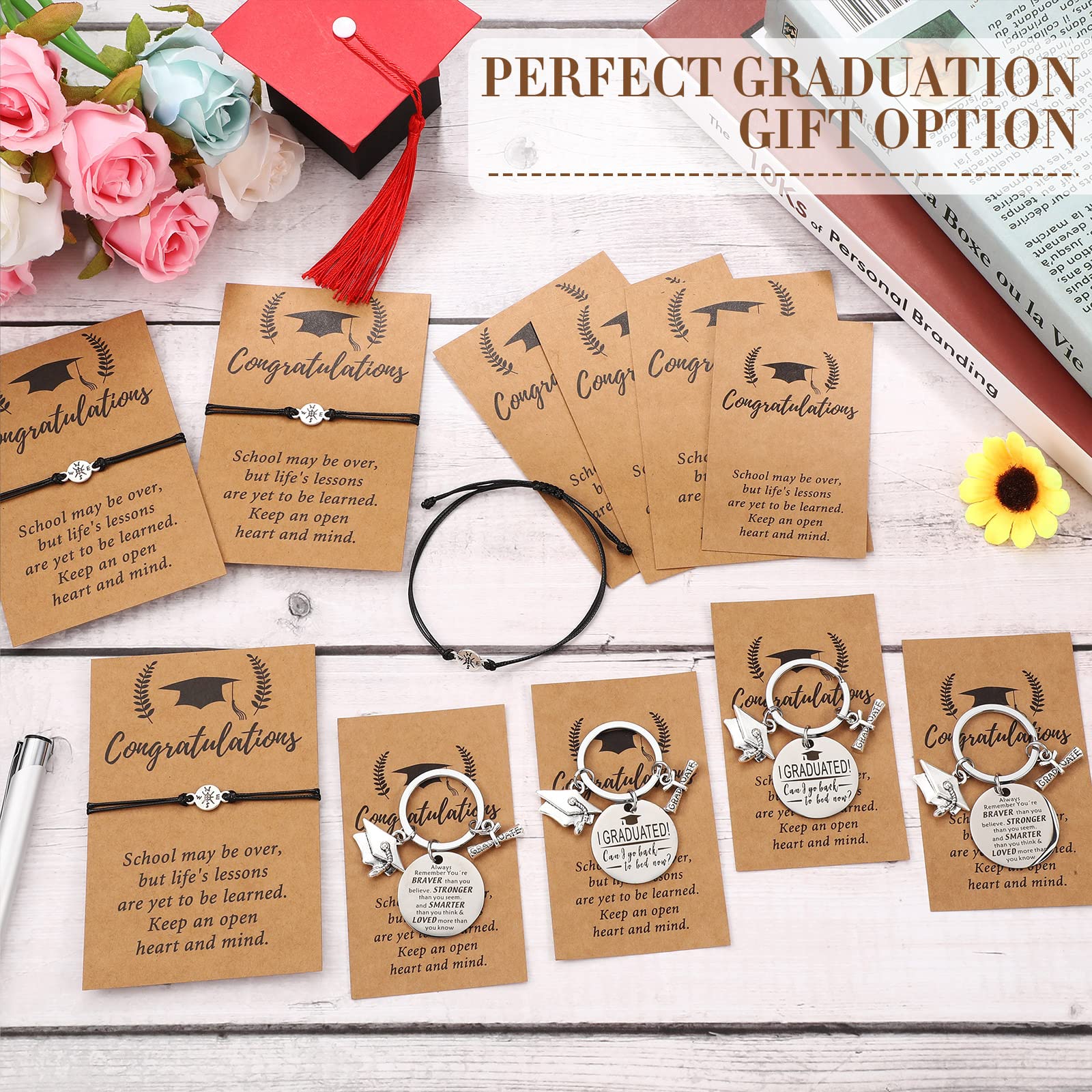 Yinkin 16 Set Graduation Gifts Bulk Includes 8 Pcs Compass Bracelets and 8 Pcs Graduation Keychain Class of 2024 Graduation Souvenir Gifts for Congrats Grad 2024 Graduate College High School Students