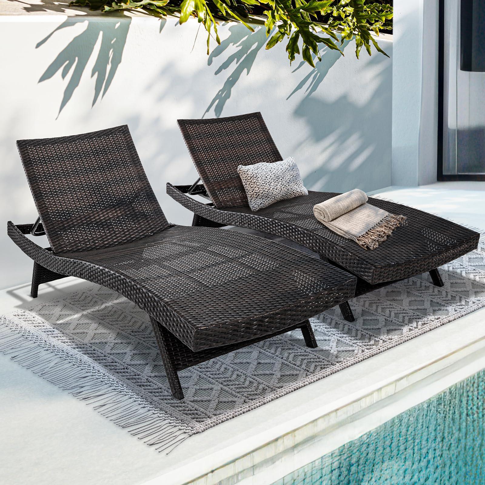 IDZO Katalina Chaise Lounge Set of 2-500lbs Support, UV Wicker, Ergonomic Wave Design, Reclining Backrest, Patio Furniture Set, Multi-Brown