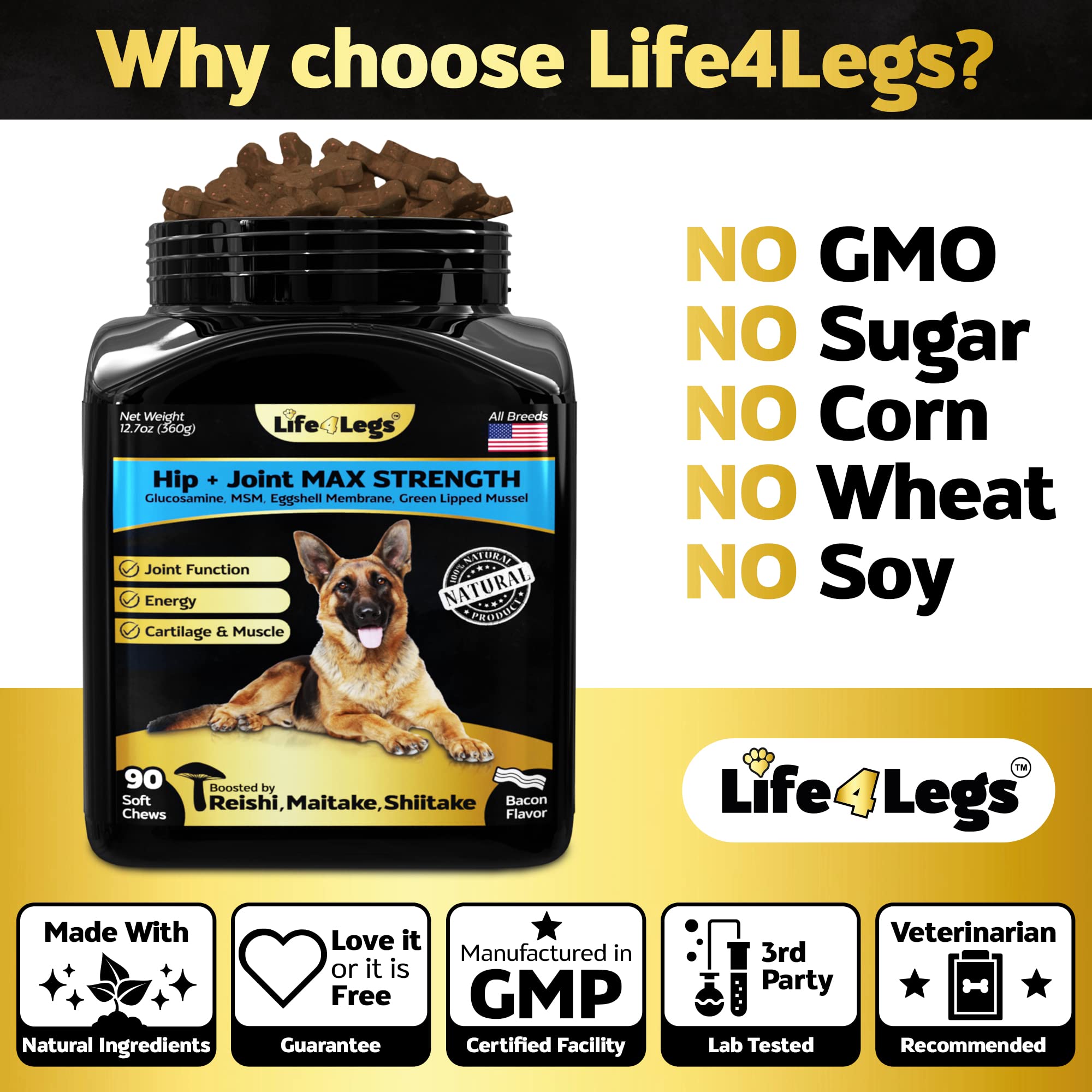 Life4Legs - Soft Chews Hip and Joint Supplement for Dogs - Dog Joint Pain Relief Treats - Glucosamine, Chondroitin, Turmeric - Mobility Bites Supplement