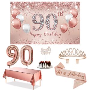 trgowaul 90th birthday decorations party set for women, rose gold 90 birthday banner and tablecloth, 90 & fabulous sash and tiara, 1pc happy 90th birthday cake topper, pink gold 90 number balloons