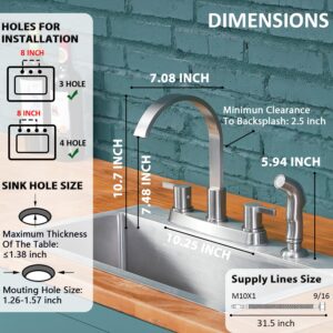 Kitchen Faucet with Sprayer, Brushed Nickel Stainless Steel Kitchen Sink Faucet with Side Sprayer, 3 Hole or 4 Hole Faucet for Kitchen RV Laundry Utility Sink