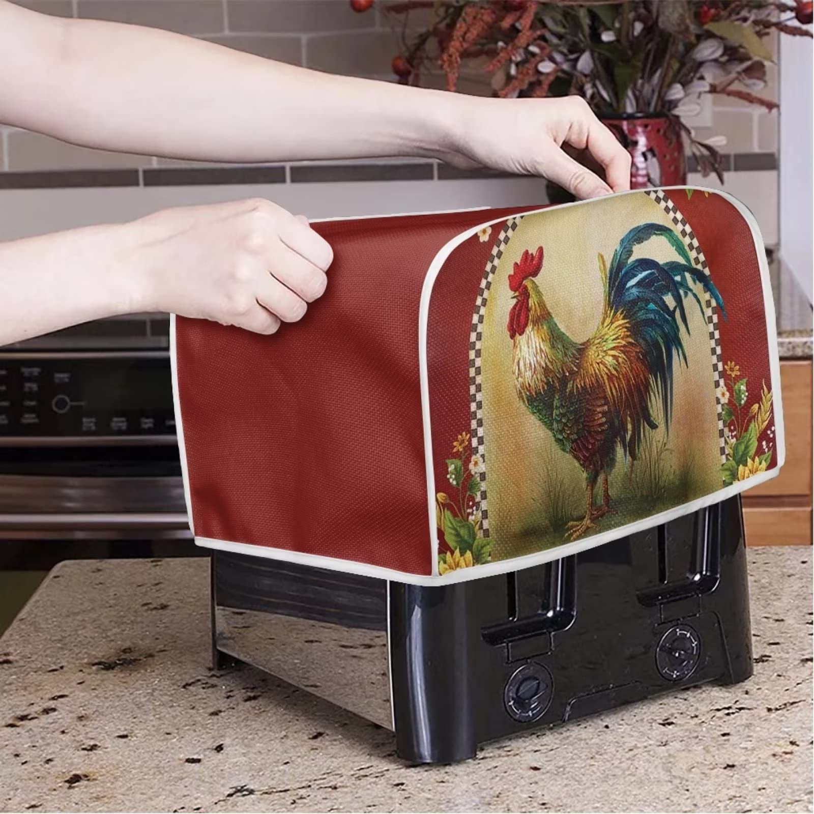 Annejudy Sunflower Rooster Toaster Cover 2 Slice, Chicken Print Small Kitchen Appliance Toasters Dust Cover Microwave Bread Maker Cover