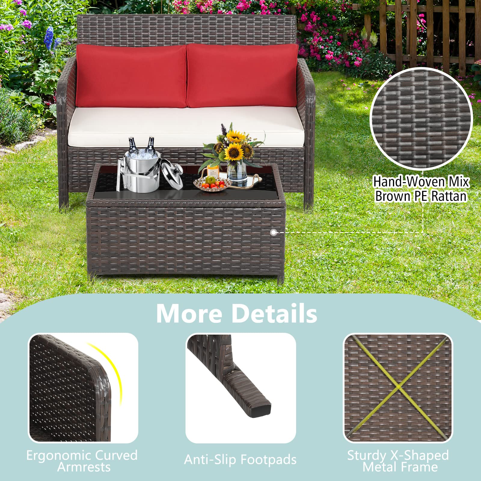 RELAX4LIFE 2-Piece Wicker Outdoor Loveseat, Patio Furniture Set w/Love Seat, Glass-Top Coffee Table & Cushions, 2-Seater Conversation Sofa Couch for Balcony Porch, Rattan Patio Loveseat with Table