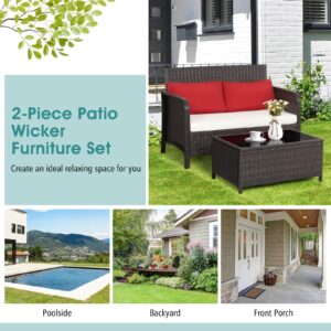 RELAX4LIFE 2-Piece Wicker Outdoor Loveseat, Patio Furniture Set w/Love Seat, Glass-Top Coffee Table & Cushions, 2-Seater Conversation Sofa Couch for Balcony Porch, Rattan Patio Loveseat with Table