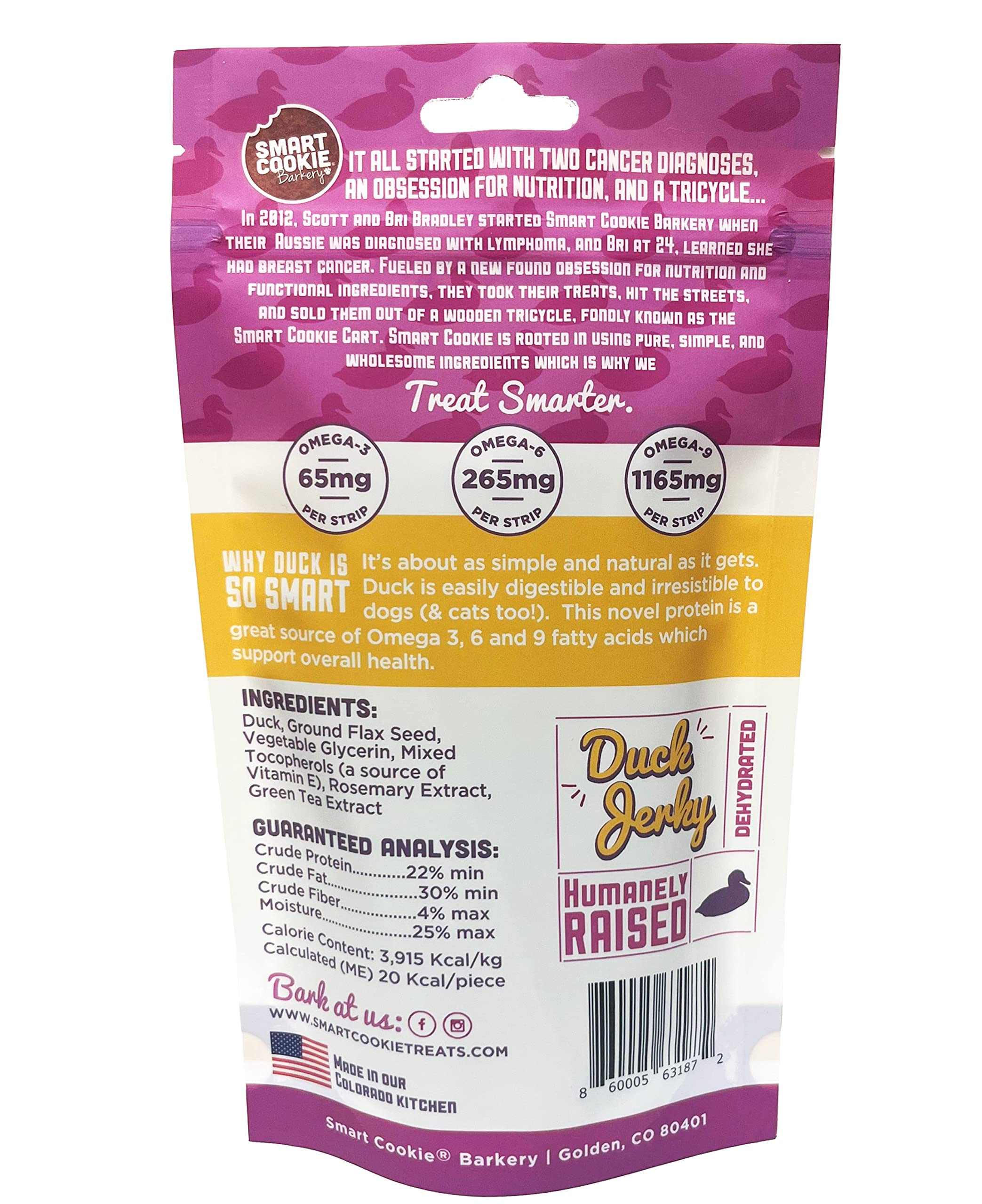 Smart Cookie Duck Jerky Dog Treats with Flax Seed, Omega Oils- Hypoallergenic Strips for Dogs and Puppies with Allergies, Sensitive Stomachs - Dehydrated, Grain Free, Made in USA - 3oz Bag, Pack of 1