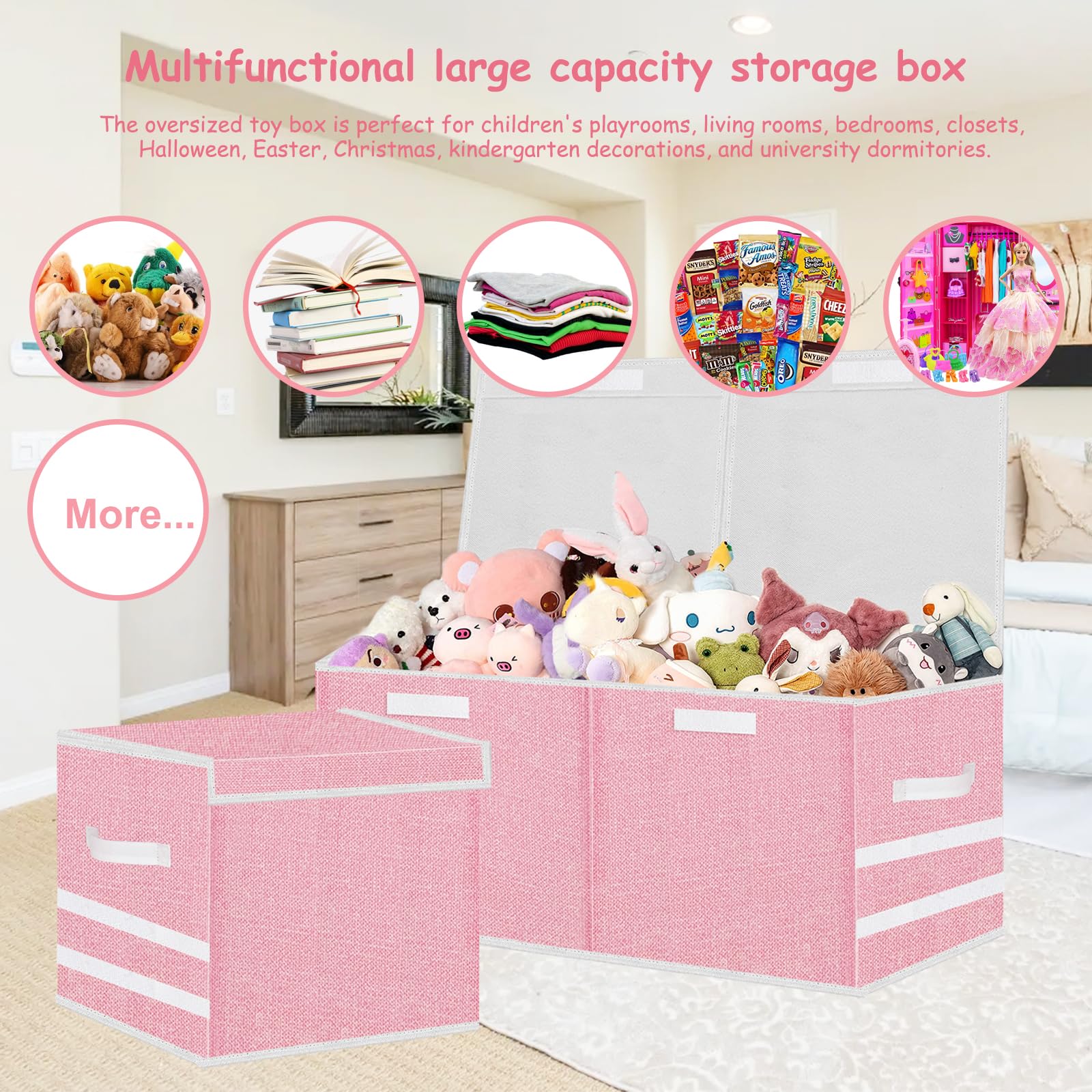 Pantryily Extra Large Toy Storage Box, Stackable Storage Bins with Lids, Detachable Toys Boxes Chest Organizer,Collapsible Bins with Sturdy Handles for Girls(Pink)