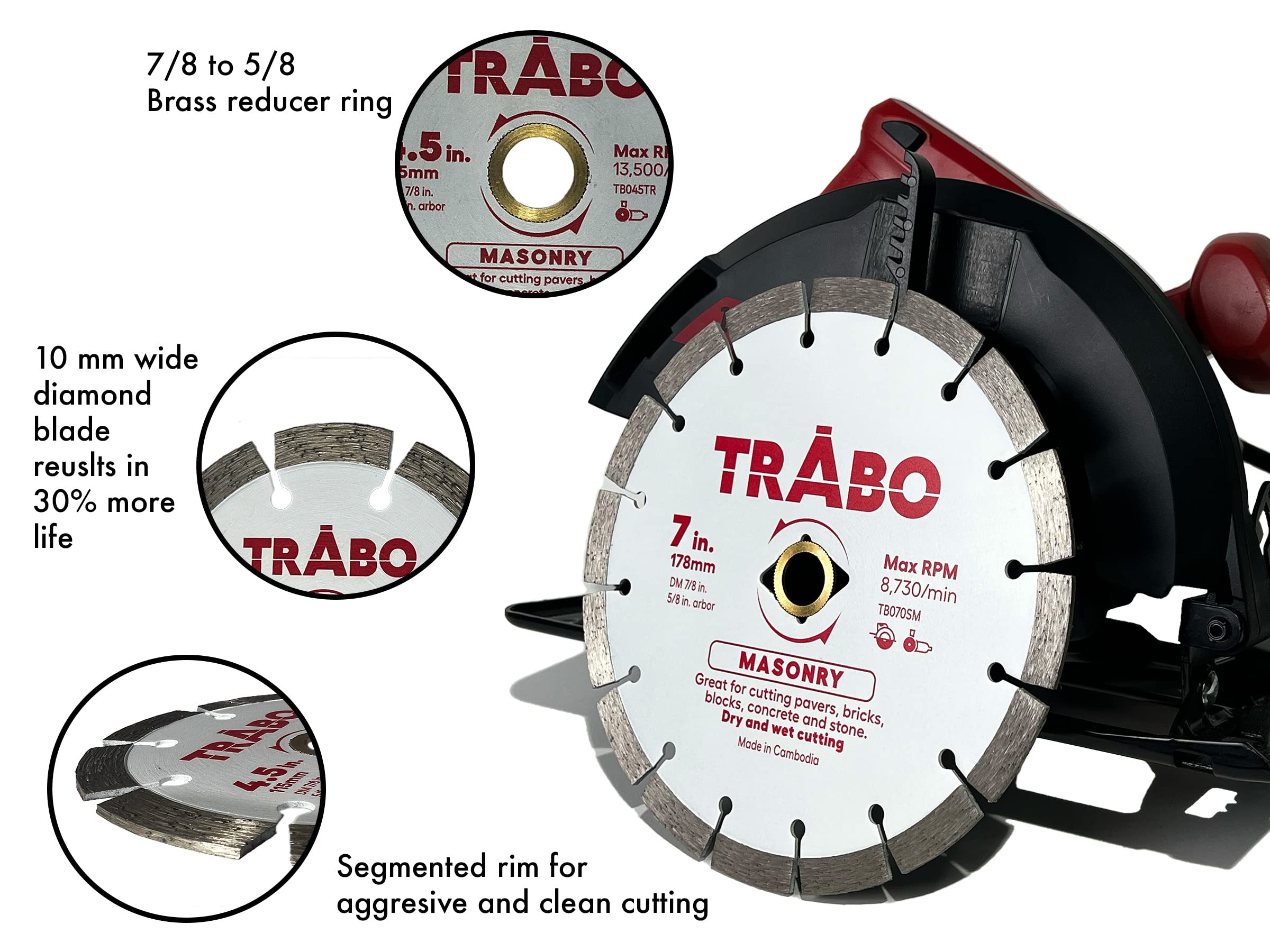 Trabo 7 Inch Masonry Segmented Rim Diamond Bond Blade for Cutting Cement, Pavers, Concrete with Rebar, Natural Stone and More, with 7/8 Inch Arbor with 5/8 Inch Reducer Ring