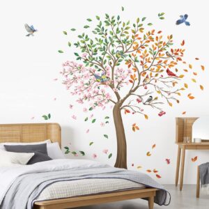 wondever Colorful Large Tree Wall Stickers Tree with Flower Birds Peel and Stick Wall Art Decals for Living Room Bedroom TV Wall (H: 63inch)