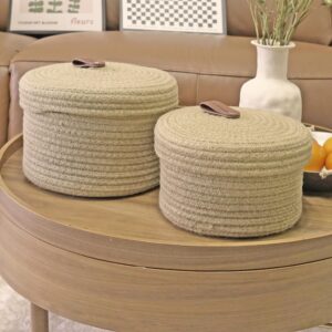 Aplolemo Jute Rope Basket with Lid,Decorative Woven Baskets with Lids,Leather Design Lidded Round Basket,Small Basket with lid,Storage Baskets with Lids-Set of 2（10"x6"/8.5"x5"）