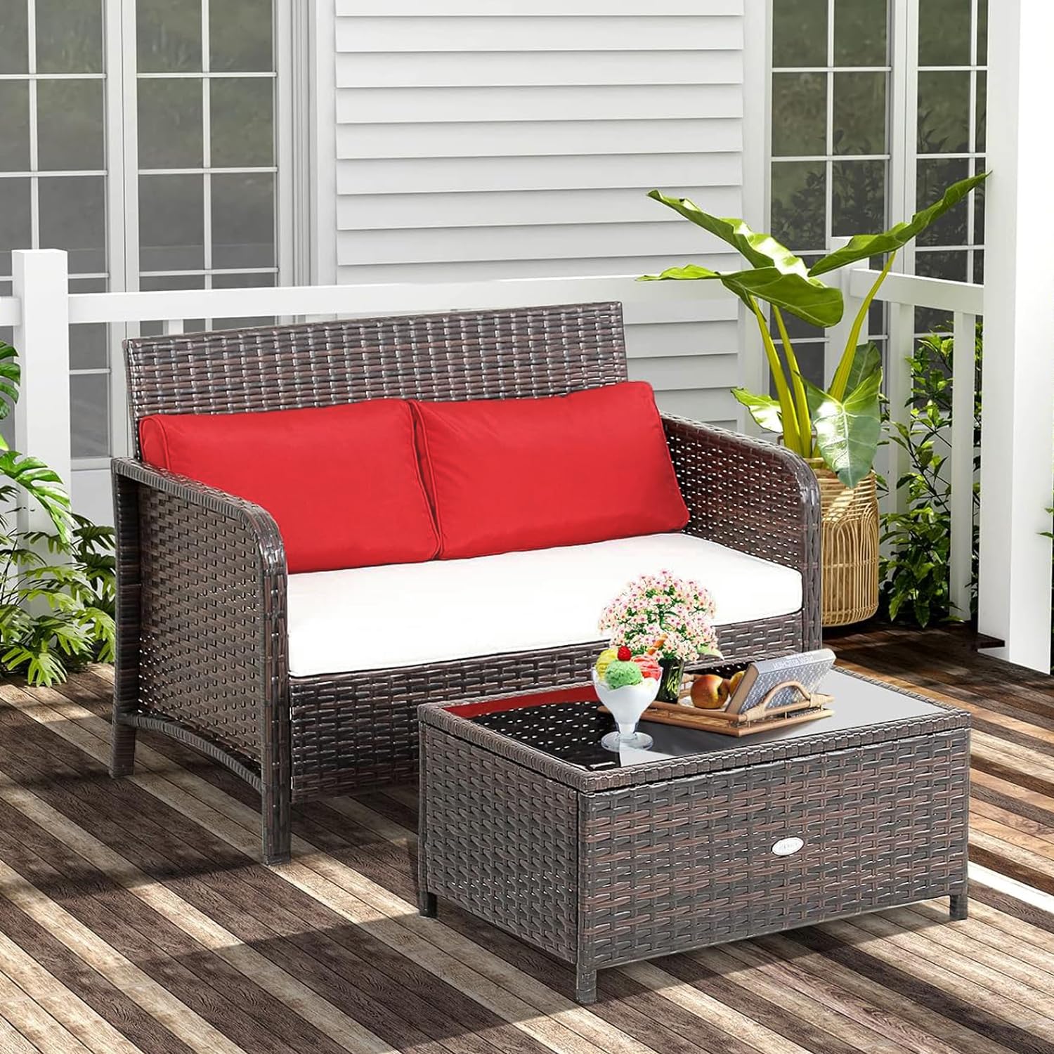 RELAX4LIFE 2-Piece Wicker Outdoor Loveseat, Patio Furniture Set w/Love Seat, Glass-Top Coffee Table & Cushions, 2-Seater Conversation Sofa Couch for Balcony Porch, Rattan Patio Loveseat with Table