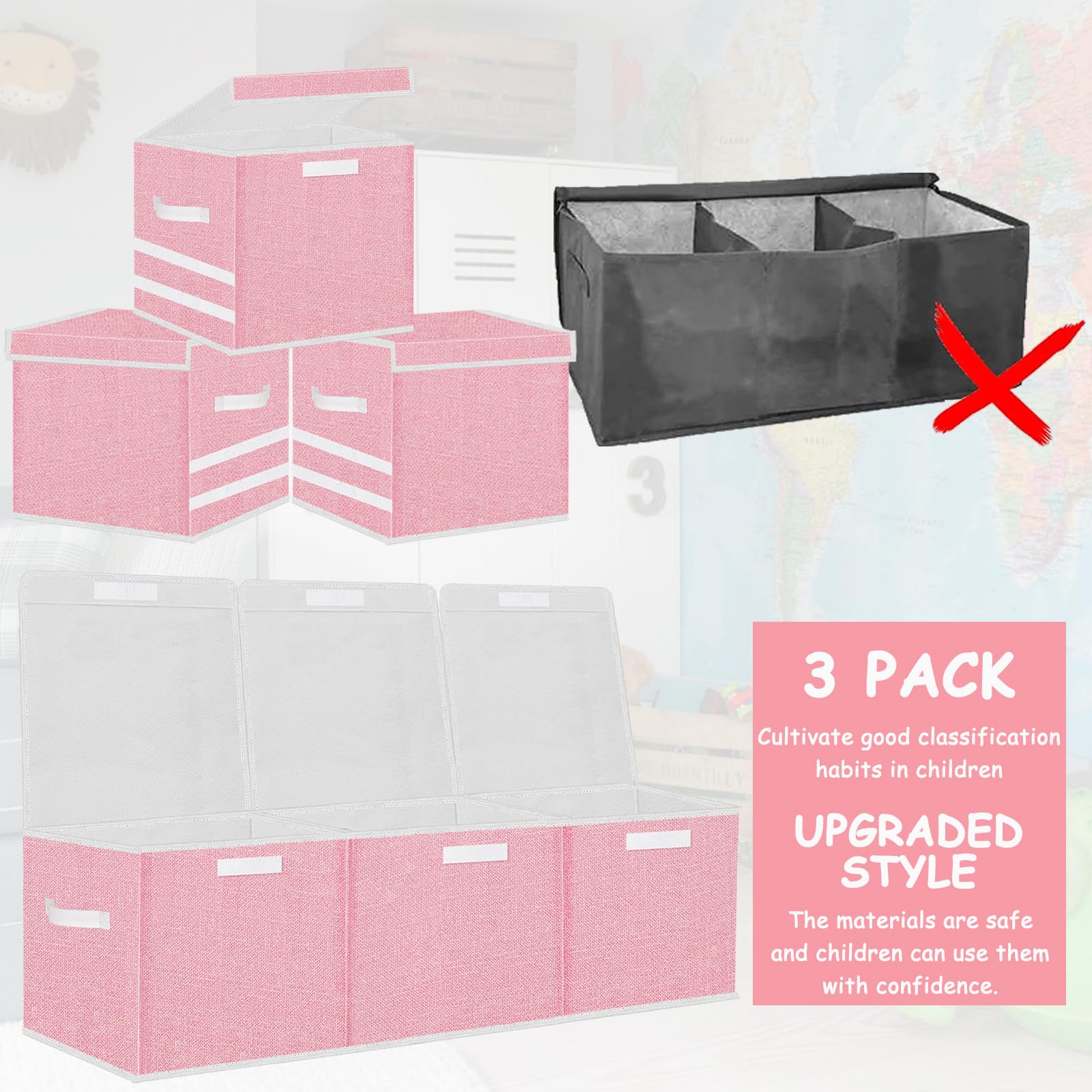 Pantryily Extra Large Toy Storage Box, Stackable Storage Bins with Lids, Detachable Toys Boxes Chest Organizer,Collapsible Bins with Sturdy Handles for Girls(Pink)