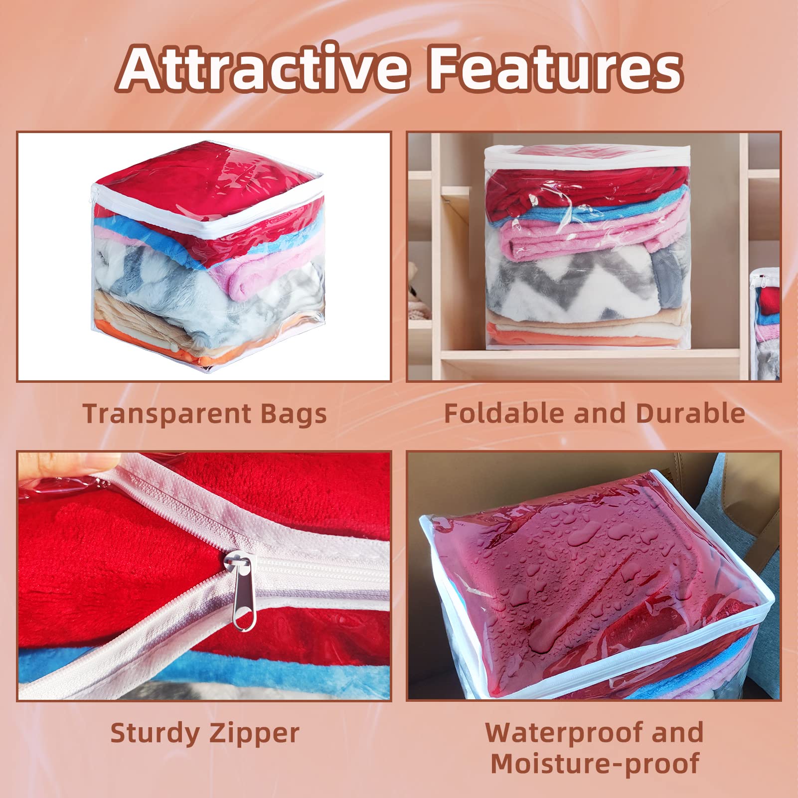 12 Pcs Large Clear Zippered Storage Bags - 12 x 12 x 12 Inches Blankets Storage Bags Plastic Storage Bags for Sweater Bed Sheet Organizer with Zipper for Closet Linen Sweater Bed Sheet Pillow