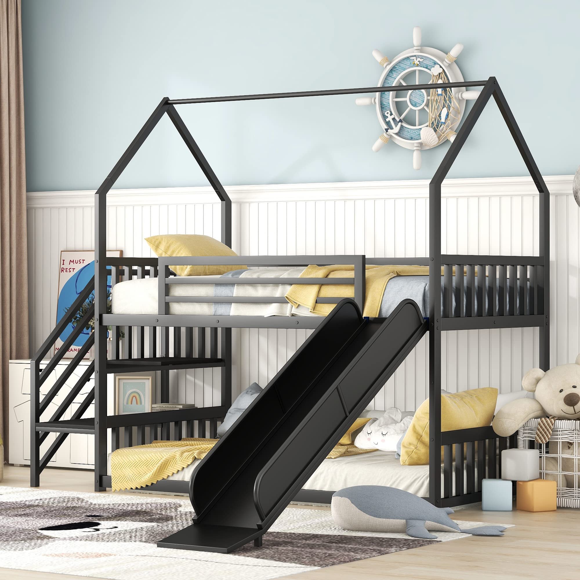 House Bunk Bed with Slide, Twin Over Twin Floor Bunk Bed with Storage Stairs, Metal Playhouse Bunk bed with Guardrail and Roof for Kids Boys Girls Teens, No Box Spring Needed, Black