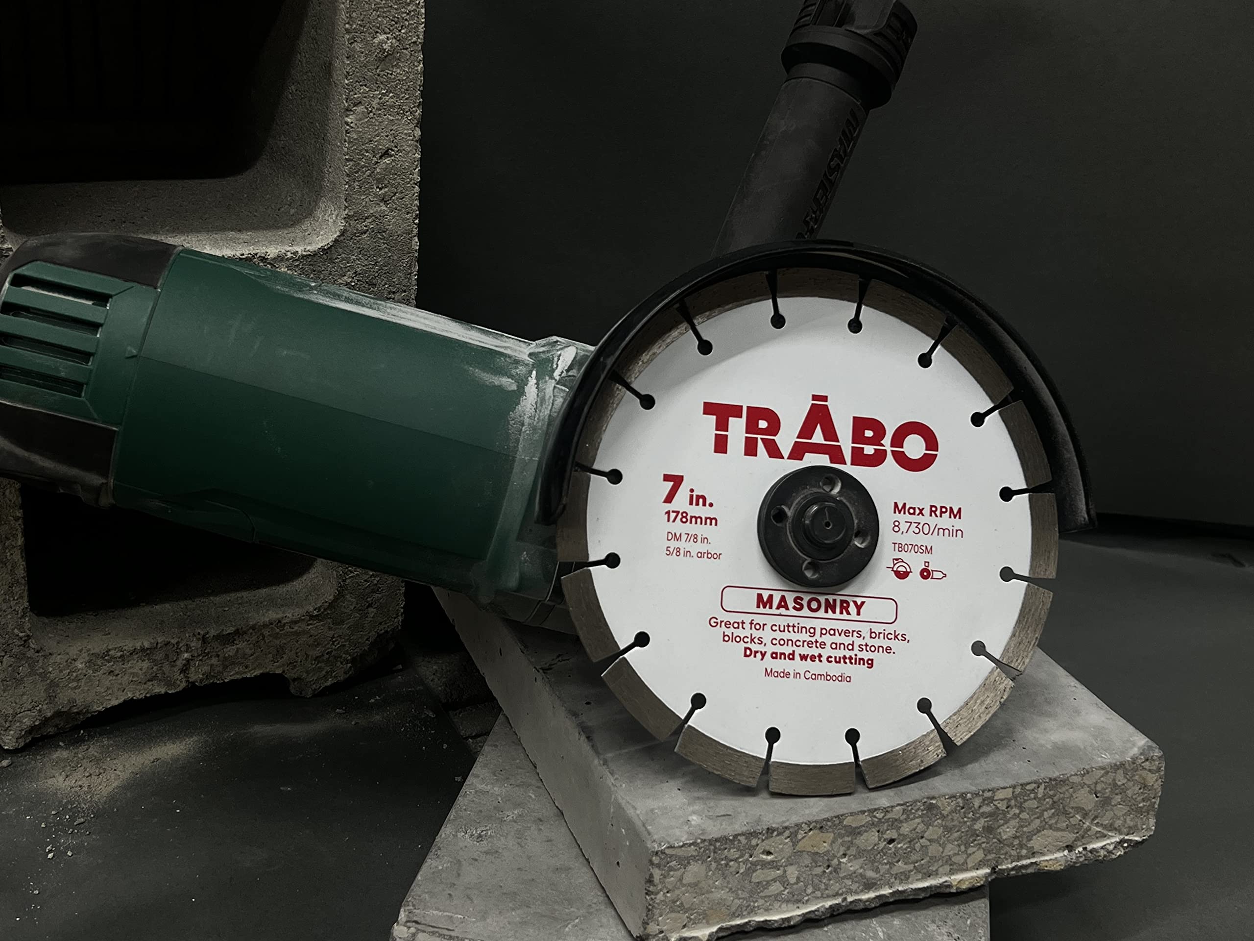 Trabo 7 Inch Masonry Segmented Rim Diamond Bond Blade for Cutting Cement, Pavers, Concrete with Rebar, Natural Stone and More, with 7/8 Inch Arbor with 5/8 Inch Reducer Ring