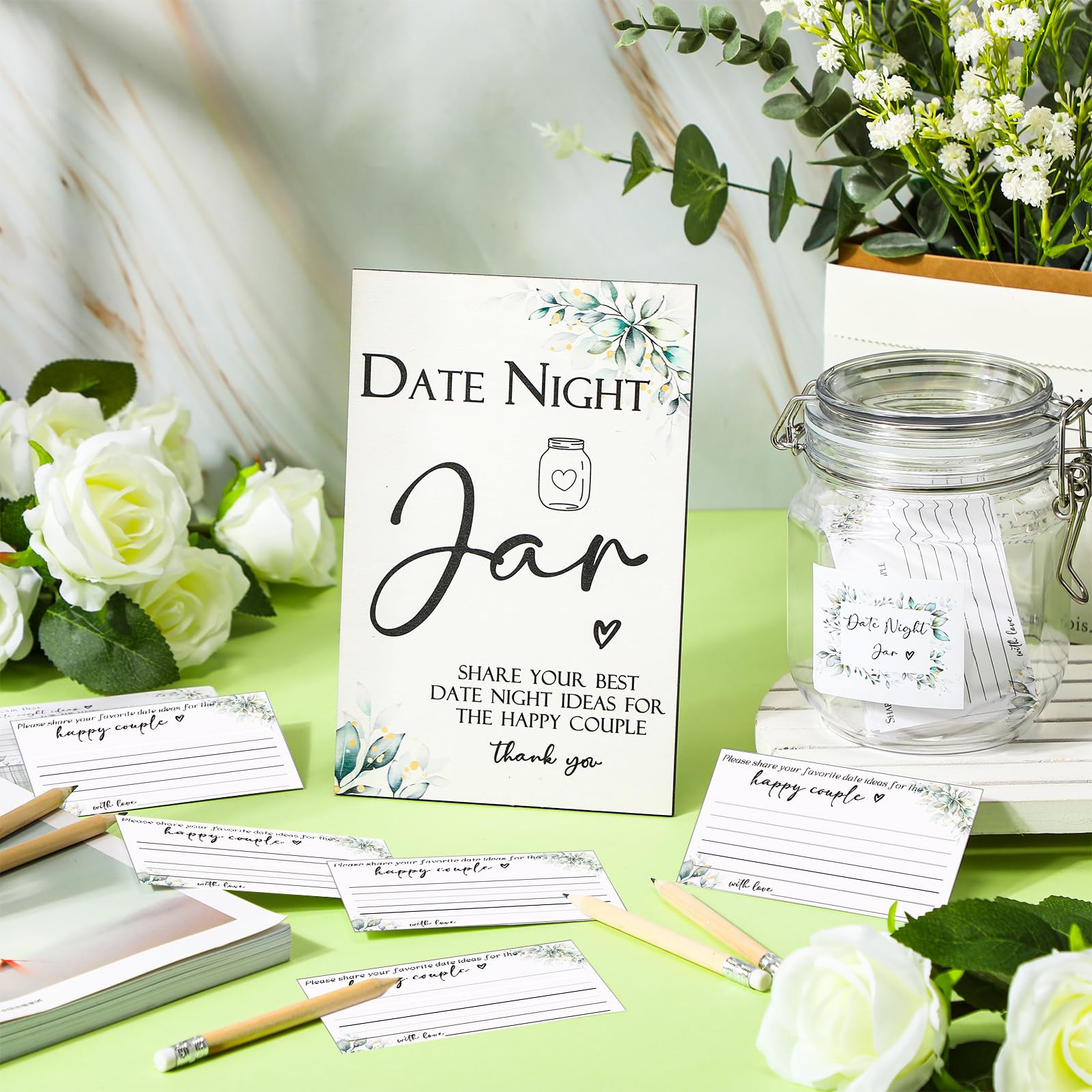 Geelin 114 Pcs Bridal Shower Games Include Date Night Jar Wooden Sign 100 Cards 10 HB Pencils 2 Stickers for Wedding Reception Games Date Idea Newlyweds Bridal Shower Party Favors(Greenery)