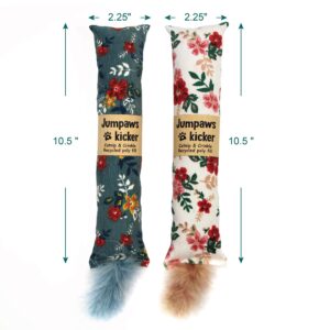 Jumpaws 2 Pack Natural Interactive Catnip & Silvervine Cat Kicker with Feathers, Bite Resistant Chew Toy, Crinkle Kicker, Accessories for Indoor Cat, Premium Corduroy Floral