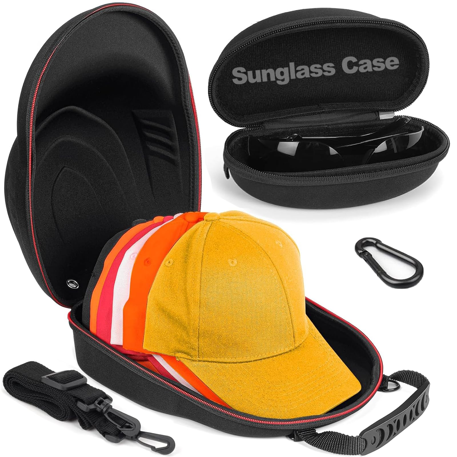 Hat Travel Case+Sunglass Case, Hard Hat Case for Baseball Caps Hat Storage for Travel with Carrying Handle & Shoulder Strap, Hat Organizer Holder Protects Up to 6 Hats for Traveling & At-Home Storage