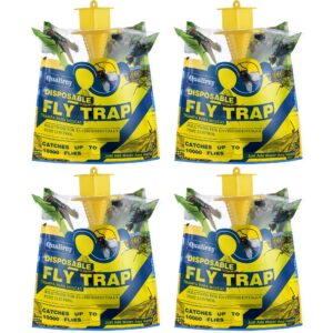 qualirey 4 pack fly traps outdoor hanging, disposable fly killer trap bag catcher for outside farms, pastures, chicken coops, stables, barns, horse, garbage cans, garbage ponds, yard, backyard, patio